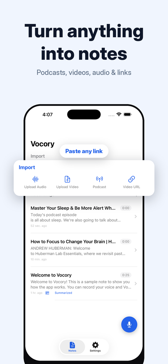 Importing a podcast, video, or file into Vocory