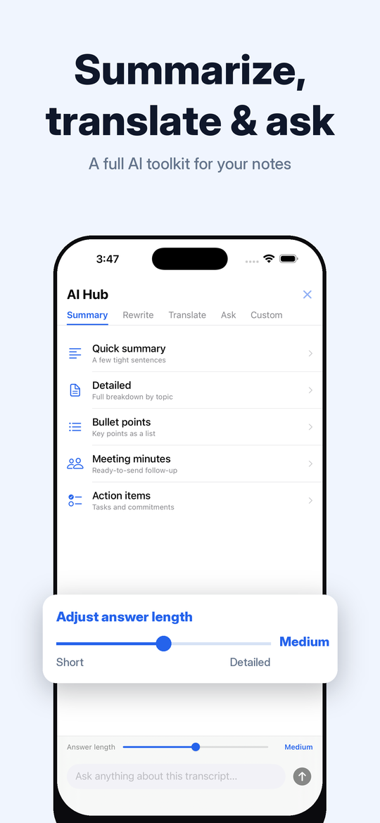 Vocory AI Hub — summarize, rewrite, translate, ask, and custom tools