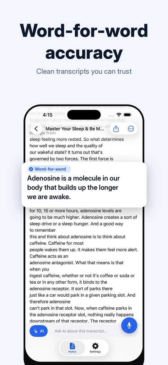 A Vocory transcript with the Ask AI bar